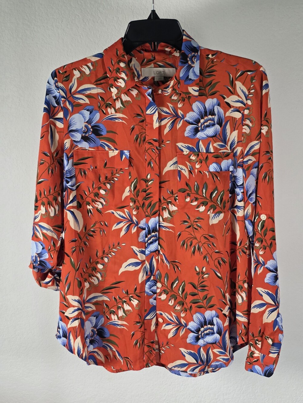 LOFT Floral Button Down Blouse Women S Orange Blue Long Sleeve Pocket Shirt
